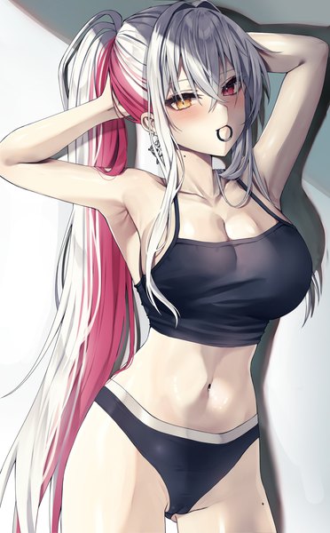 Anime picture 2000x3230 with original vivi (vitaminechan) vitaminechan single long hair tall image looking at viewer blush fringe highres breasts light erotic simple background hair between eyes large breasts standing yellow eyes payot silver hair ponytail