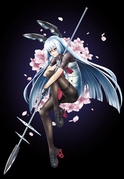 Anime picture 1111x1600 with kantai collection murakumo destroyer kazuki seihou single long hair tall image fringe light erotic simple background red eyes blue hair full body blunt bangs gradient background cherry blossoms leg hug bespectacled mecha musume girl gloves