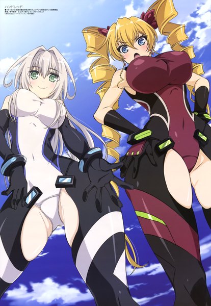 Anime picture 4094x5932 with hundred megami magazine production ims claire harvey emilia hermit long hair tall image blush highres breasts blue eyes light erotic blonde hair large breasts twintails multiple girls absurdres sky cloud (clouds) white hair