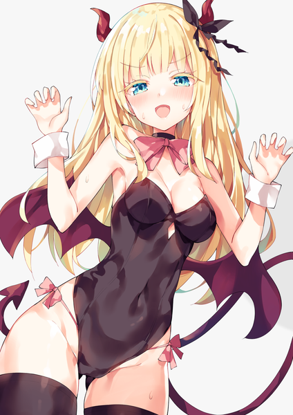 Anime picture 1071x1514 with kishuku gakkou no juliet lidenfilms juliet persia unacchi (nyusankin) single long hair tall image looking at viewer blush fringe breasts open mouth blue eyes light erotic simple background blonde hair white background tail horn (horns) sweat