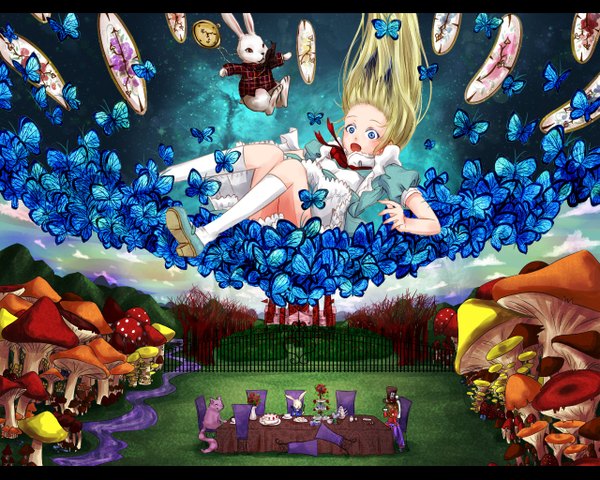 Anime picture 1280x1024 with alice in wonderland alice (wonderland) white rabbit cheshire cat mad hatter utai (artist) long hair blush open mouth blue eyes blonde hair falling girl dress animal sweets insect butterfly cat knee socks
