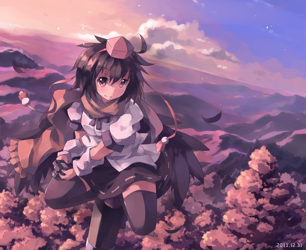 Anime picture 1400x1144 with touhou shameimaru aya huanxiang huifeng single blush short hair black hair red eyes sky cloud (clouds) girl thighhighs skirt black thighhighs plant (plants) hat miniskirt wings tree (trees) shoes