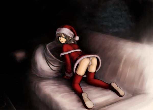 Anime picture 1250x900 with single short hair light erotic brown hair green eyes ass looking back fur trim christmas soles merry christmas girl underwear panties fur couch santa claus hat santa claus costume mantle