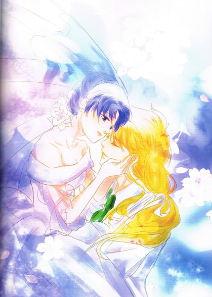 Anime picture 1184x1655 with bishoujo senshi sailor moon toei animation mizuno ami zoisite (sailor moon) long hair tall image short hair blonde hair smile purple eyes bare shoulders purple hair ponytail eyes closed profile scan couple hug face to face carrying