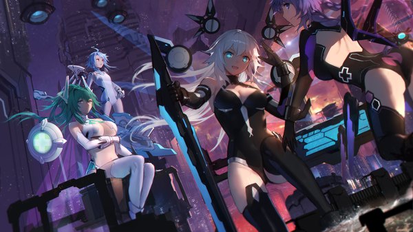 Anime picture 1920x1080 with choujigen game neptune noire neptune (choujigen game neptune) purple heart black heart vert blanc green heart white heart swd3e2 long hair highres short hair breasts light erotic red eyes wide image standing purple eyes multiple girls