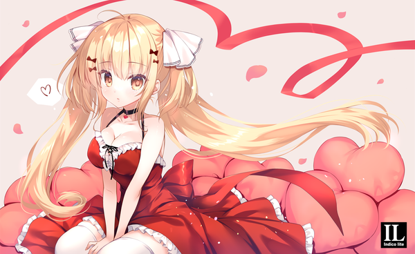 Anime picture 1500x921 with original mitha single long hair looking at viewer breasts light erotic blonde hair wide image large breasts twintails yellow eyes cleavage ahoge valentine girl thighhighs dress ribbon (ribbons) hair ribbon