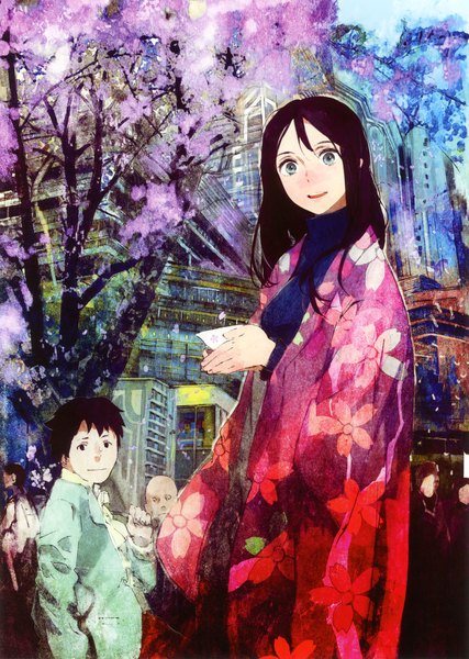 Anime picture 3273x4601 with original eshi 100-nin ten humi (artist) long hair tall image highres short hair blue eyes black hair absurdres traditional clothes japanese clothes cherry blossoms girl boy plant (plants) petals tree (trees) kimono