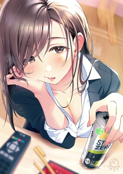 Anime picture 800x1129 with original suntory strong zero tsukana (saba mizore) single long hair tall image looking at viewer blush fringe breasts open mouth light erotic hair between eyes brown hair large breasts holding brown eyes signed cleavage