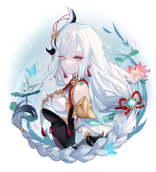 Anime picture 4000x4400 with genshin impact shenhe (genshin impact) sheya single long hair tall image looking at viewer highres blue eyes signed absurdres upper body white hair braid (braids) single braid expressionless girl hair ornament flower (flowers) earrings