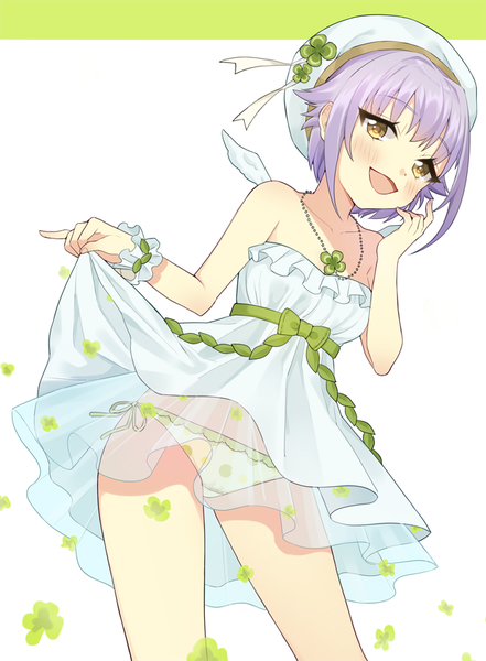 Anime picture 650x884 with idolmaster idolmaster cinderella girls koshimizu sachiko hym9594 single tall image looking at viewer blush fringe short hair open mouth light erotic bare shoulders yellow eyes purple hair :d skirt lift girl dress underwear