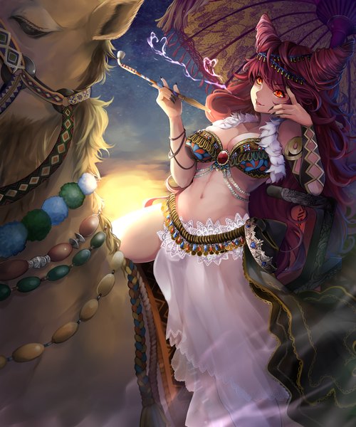 Anime picture 2500x3000 with original settyaro single long hair tall image fringe highres breasts light erotic smile red eyes holding cleavage red hair nail polish fingernails lips arm support bare belly midriff
