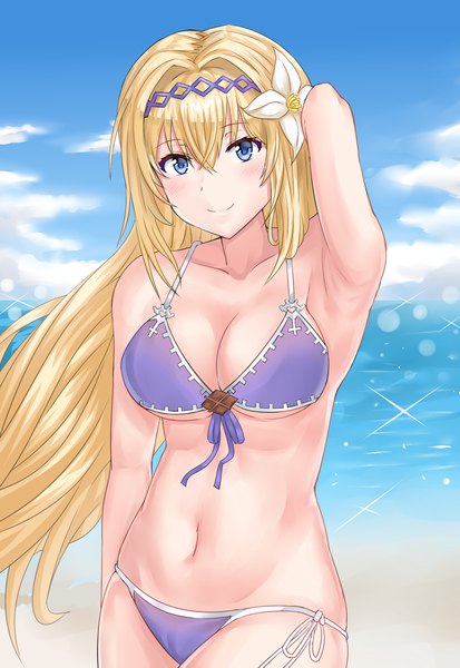Anime picture 1000x1450 with granblue fantasy jeanne d'arc (granblue fantasy) springveiv single long hair tall image looking at viewer blush fringe breasts blue eyes light erotic blonde hair smile hair between eyes large breasts hair flower sparkle armpit (armpits) beach