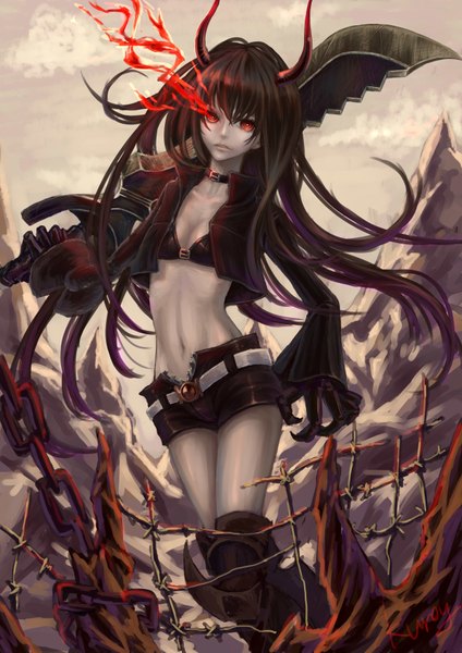 Anime picture 2480x3507 with black rock shooter black gold saw zhen hun qu single long hair tall image highres open mouth black hair red eyes red hair horn (horns) text glowing mountain glowing eye (eyes) demon girl gloves weapon