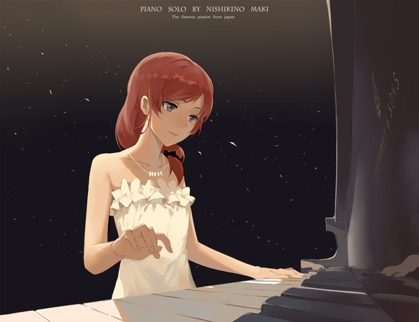 Anime picture 1900x1460 with love live! school idol project sunrise (studio) love live! nishikino maki huanxiang heitu single long hair highres purple eyes looking away red hair sleeveless watermark revision playing instrument girl dress white dress necklace musical instrument