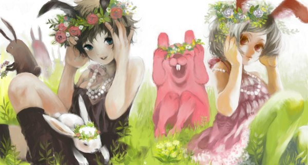 Anime picture 1120x600 with original nishimura sui short hair blue eyes black hair red eyes wide image sitting bare shoulders multiple girls grey hair bunny ears girl 2 girls plant (plants) sundress beads bunny wreath