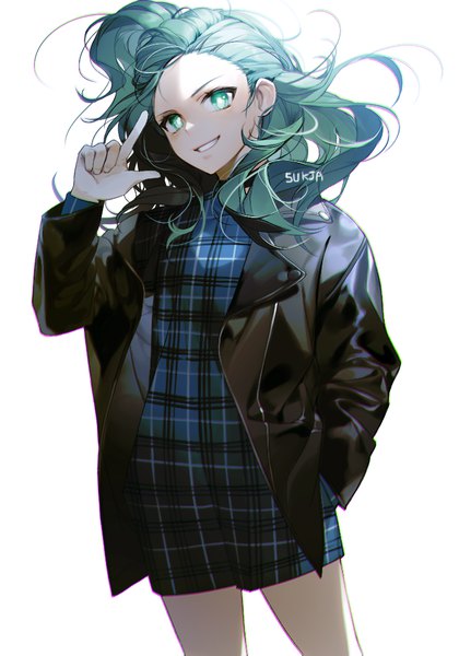 Anime picture 700x1000 with cyphers michelle (cyphers) sorolp single long hair tall image looking at viewer blush simple background smile standing white background head tilt aqua eyes aqua hair open clothes grin floating hair hand in pocket plaid