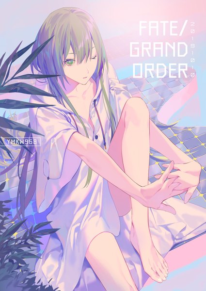 Anime picture 724x1023 with fate (series) fate/strange fake enkidu (fate) yamakawa single long hair tall image looking at viewer fringe hair between eyes sitting green eyes signed payot one eye closed barefoot green hair wide sleeves bare legs copyright name