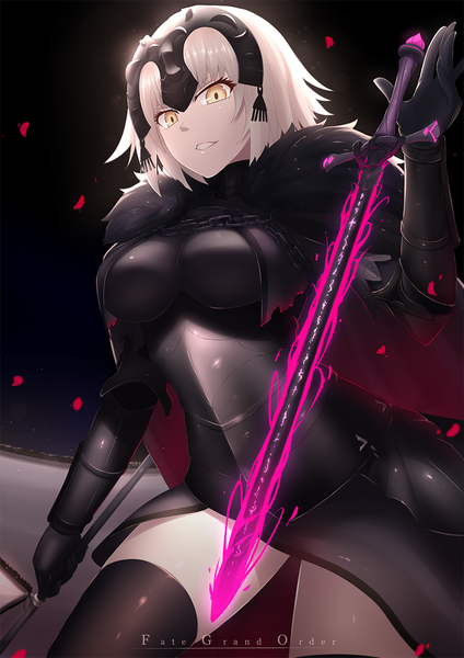 Anime picture 835x1181 with fate (series) fate/grand order fate/apocrypha jeanne d'arc (fate) (all) jeanne d'arc alter (fate) bu li single tall image looking at viewer fringe short hair breasts open mouth light erotic simple background blonde hair large breasts standing holding yellow eyes