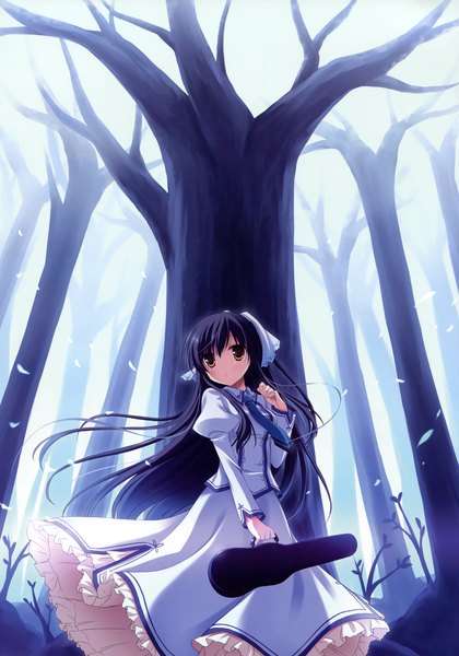 Anime-Bild 2518x3600 mit yukie (peach candy) single long hair tall image highres black hair brown eyes looking away scan girl dress plant (plants) tree (trees) necktie