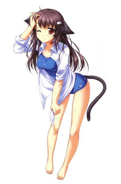 Anime picture 4602x6969 with original alpha (yukai na nakamatachi) single tall image blush highres light erotic black hair simple background white background animal ears absurdres one eye closed barefoot wink cat ears open clothes cat girl cat tail orange eyes