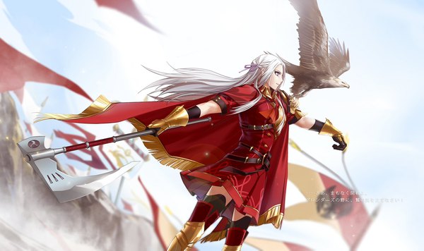 Anime picture 2000x1187 with fire emblem fire emblem: three houses nintendo edelgard von hresvelg langlang single long hair highres wide image standing purple eyes holding looking away sky outdoors white hair profile from below solo focus animal on shoulder