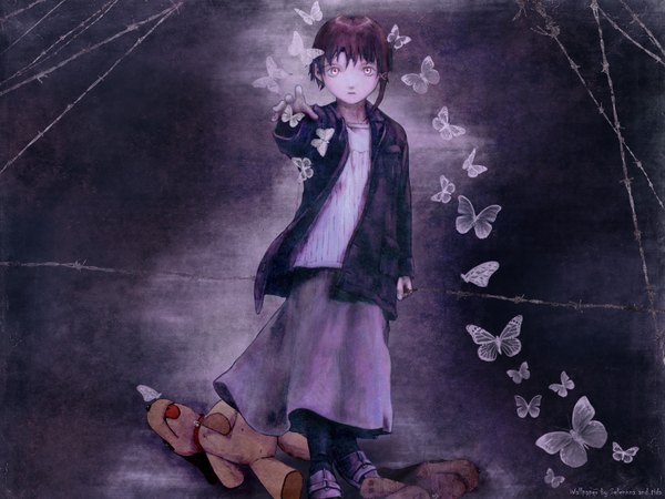 Anime picture 1600x1200 with serial experiments lain iwakura lain abe yoshitoshi selennna single looking at viewer short hair brown hair standing signed yellow eyes open jacket outstretched arm third-party edit girl skirt hair ornament jacket insect butterfly