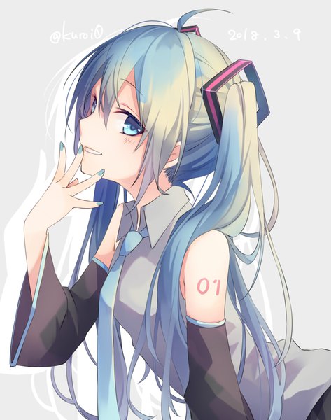 Anime picture 750x950 with vocaloid hatsune miku kuroi (liar-player) single long hair tall image looking at viewer blush fringe open mouth simple background smile hair between eyes twintails signed ahoge upper body parted lips multicolored hair aqua hair