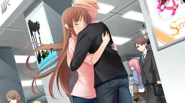 Anime picture 1280x720 with chuning lover hyoudou jun koso long hair blush short hair blonde hair brown hair wide image game cg eyes closed couple hug girl boy