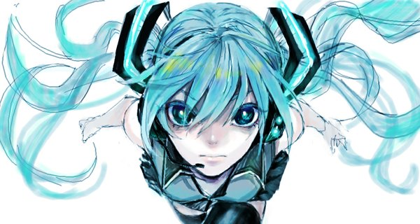 Anime picture 1118x597 with vocaloid hatsune miku uraki (tetsu420) single long hair wide image white background twintails bare shoulders aqua eyes aqua hair close-up girl headphones