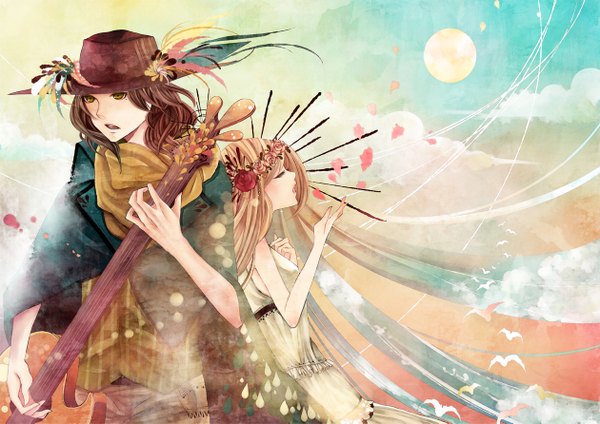 Anime picture 1260x891 with original mutou shino short hair open mouth blonde hair brown hair yellow eyes cloud (clouds) eyes closed profile hair flower back to back girl boy hair ornament hat petals scarf musical instrument guitar