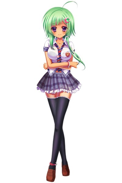 Anime picture 1200x1800 with original pon (ichi rin) single long hair tall image looking at viewer blush simple background white background purple eyes green hair girl thighhighs skirt black thighhighs necktie