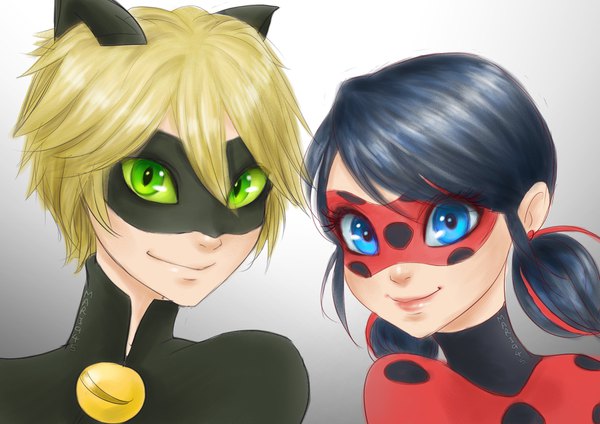 Anime picture 1754x1240 with miraculous ladybug marinette cheng adrien agreste ladybug (character) chat noir mari945 looking at viewer fringe highres short hair blue eyes simple background blonde hair smile hair between eyes twintails green eyes signed animal ears blue hair
