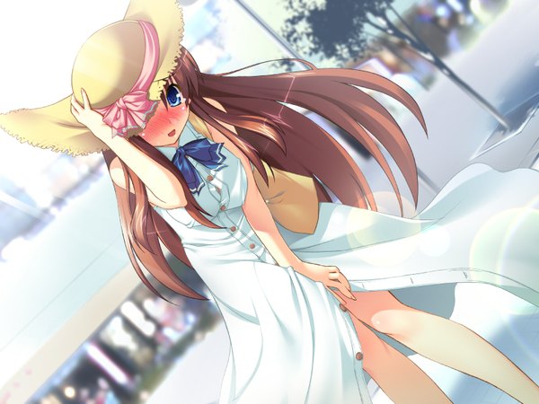 Anime picture 1600x1200 with unity marriage akifumi ozawa long hair blush blue eyes brown hair game cg girl dress hat sundress straw hat
