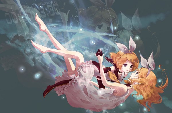Anime picture 1200x792 with vocaloid meltdown (vocaloid) kagamine rin kagamine rin (meltdown) mirusa long hair blue eyes blonde hair smile bare shoulders multiple girls barefoot holding hands dual persona falling girl thighhighs dress gloves hair ornament