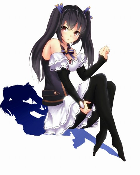 Anime picture 1024x1280 with choujigen game neptune noire zarashi single long hair tall image black hair simple background white background twintails bare shoulders brown eyes looking away no shoes girl ribbon (ribbons) pantyhose