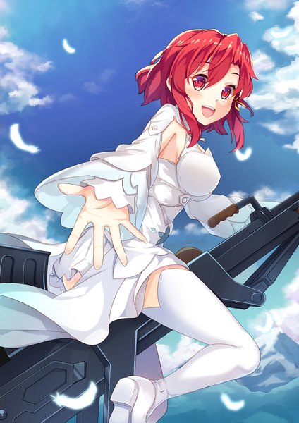 Anime picture 1320x1867 with shuumatsu no izetta izetta dance of eternity single tall image looking at viewer blush short hair open mouth red eyes sky cloud (clouds) red hair girl thighhighs dress weapon white thighhighs white dress gun