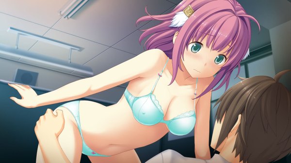 Anime picture 1334x750 with ao no kanata no four rhythm sprite (company) ichinose rika akinashi yuu blush fringe short hair breasts light erotic brown hair wide image large breasts bare shoulders payot pink hair game cg cleavage ahoge ass indoors