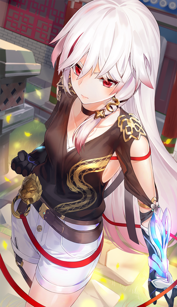 Anime picture 635x1100 with honkai impact 3rd honkai (series) fu hua kfr single long hair tall image looking at viewer fringe hair between eyes red eyes white hair side ponytail gradient hair architecture east asian architecture girl gloves ribbon (ribbons) plant (plants)