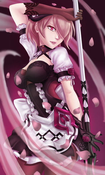 Anime picture 1875x3128 with tagme (copyright) susanoo single tall image fringe highres short hair breasts simple background large breasts standing holding signed looking away pink hair parted lips pink eyes arm up horn (horns) lips