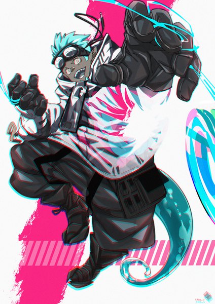 Anime picture 2480x3508 with arknights ethan (arknights) cno single tall image looking at viewer highres short hair open mouth full body tail :d aqua hair teeth dark skin anaglyph sharp teeth goggles on head boy gloves
