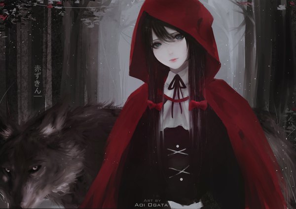 Anime picture 2580x1823 with little red riding hood original little red riding hood (character) big bad wolf aoi ogata single long hair looking at viewer fringe highres black hair hair between eyes signed head tilt black eyes dark background girl ribbon (ribbons) bow plant (plants)