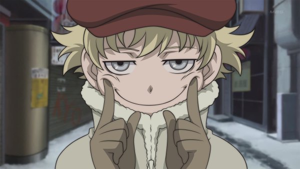 Anime picture 2560x1440 with darker than black studio bones july (darker than black) single looking at viewer fringe highres short hair blonde hair wide image grey eyes close-up street fingersmile boy gloves flat cap winter clothes