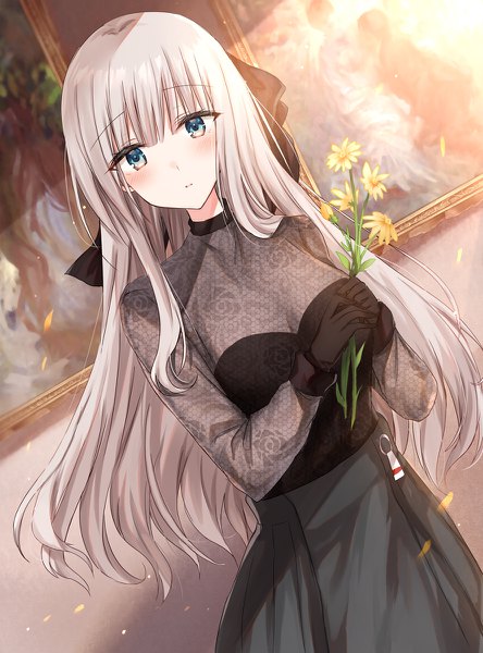 Anime picture 888x1200 with original kinona (kino10) single long hair tall image looking at viewer blush fringe breasts blue eyes standing holding cleavage silver hair indoors blunt bangs long sleeves dutch angle floral print girl