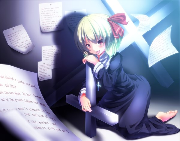 Anime picture 1200x940 with touhou rumia ryosios single blush short hair red eyes green hair girl tongue cross paper