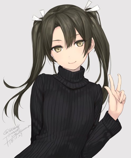 Anime picture 743x900 with kantai collection zuikaku aircraft carrier rokuwata tomoe single long hair tall image looking at viewer fringe black hair simple background smile hair between eyes twintails signed yellow eyes upper body grey background twitter username dated victory