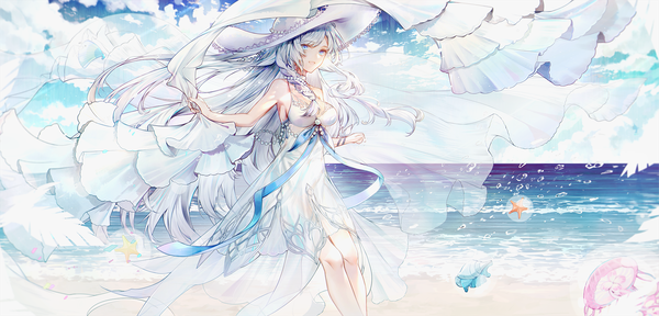 Anime picture 2083x1000 with forever 7th capital bai qi-qsr single long hair looking at viewer fringe highres open mouth blue eyes smile wide image standing holding sky silver hair cloud (clouds) braid (braids) :d wind side braid