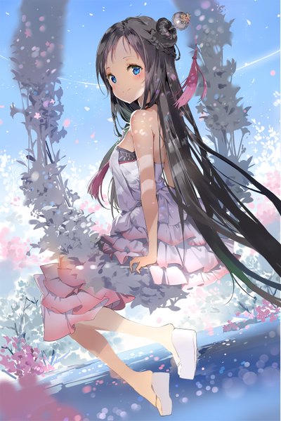 Anime picture 1024x1536 with blade & soul anmi single long hair tall image blush fringe blue eyes black hair smile sitting bare shoulders sky cloud (clouds) bent knee (knees) braid (braids) looking back sunlight mole hair bun (hair buns)