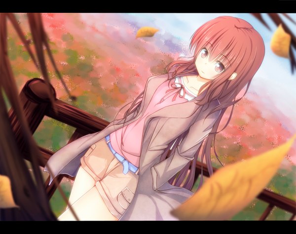 Anime picture 1010x800 with original shirotaso0818 single long hair brown hair brown eyes hands in pockets autumn girl shorts leaf (leaves) coat autumn leaves