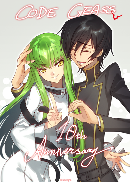 Anime picture 650x910 with code geass sunrise (studio) c.c. lelouch lamperouge creayus long hair tall image looking at viewer fringe short hair open mouth black hair simple background smile hair between eyes standing signed yellow eyes upper body eyes closed