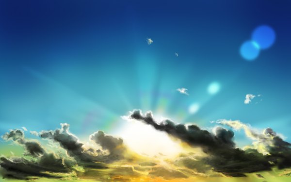 Anime picture 1440x900 with original oshou (artist) wide image sky cloud (clouds) sunlight evening sunset landscape sun